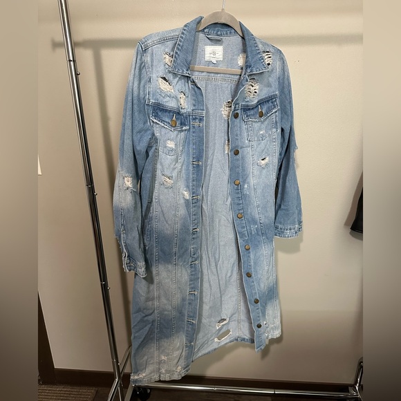 Distressed Denim Long Jacket - Picture 1 of 3